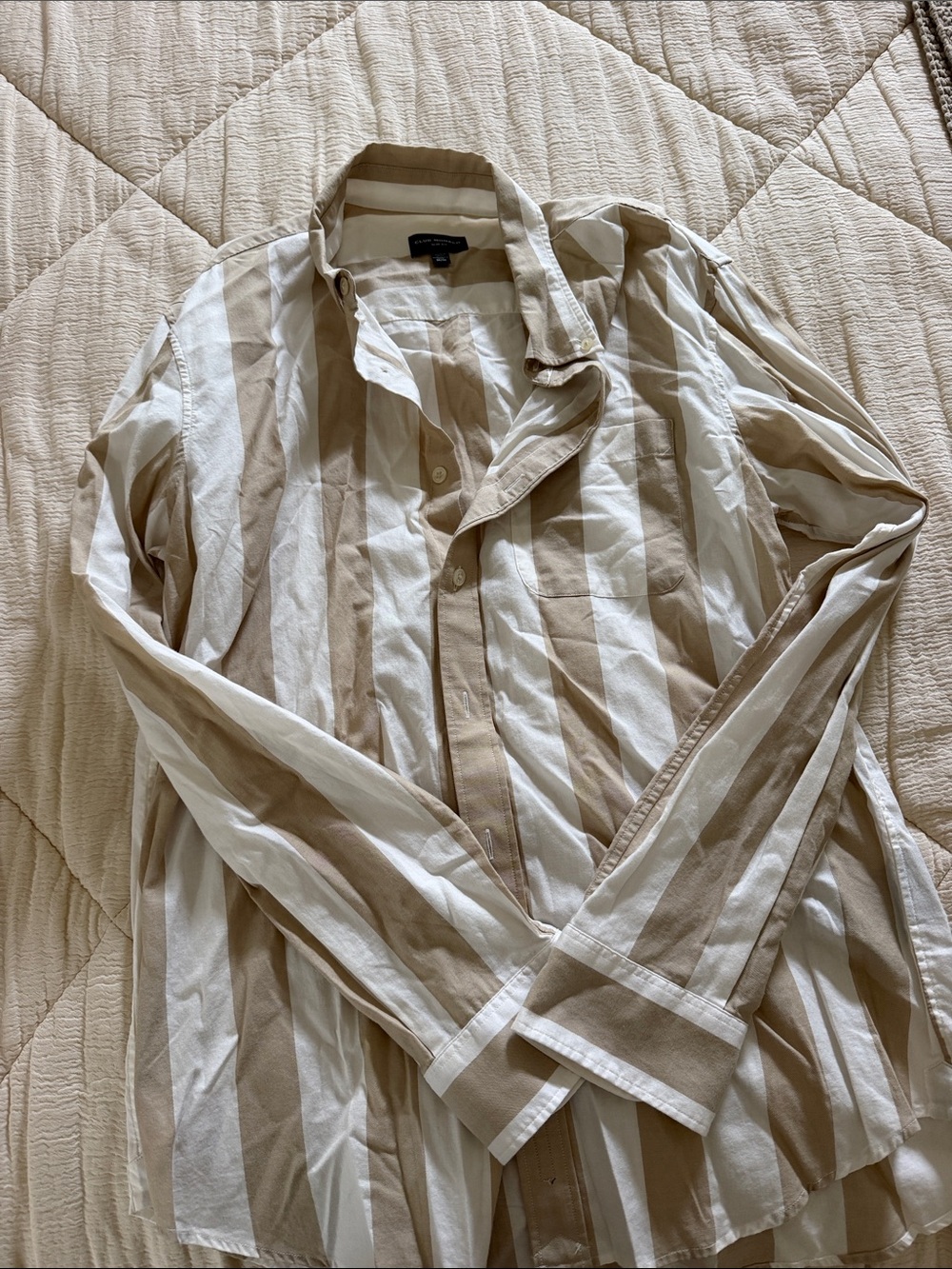 Club Monaco Striped Button-Up Shirt in Cream and Tan